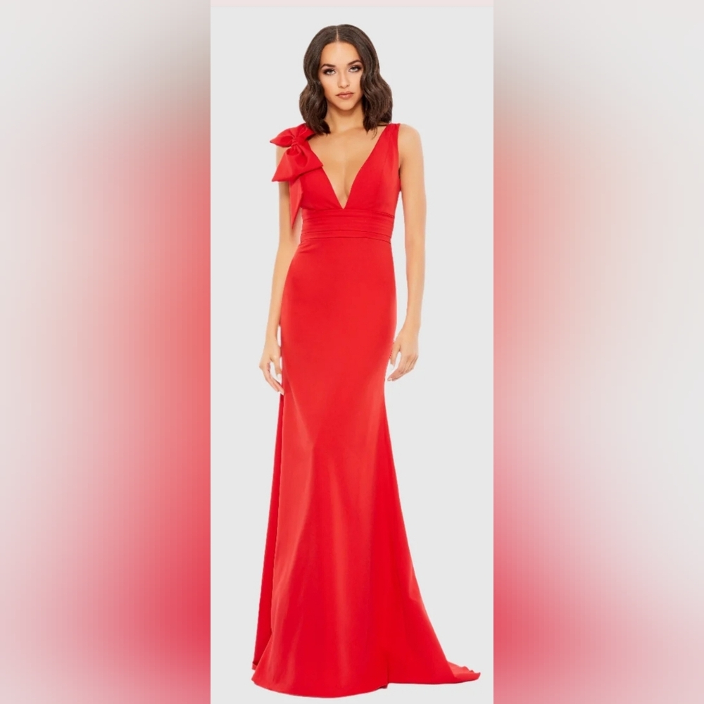 Mac Duggal Bow Shoulder V-Neck Red Gown 49454 New - See Description